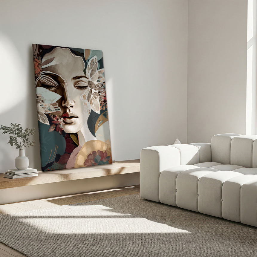 Lærredstryk - Woman Portrait with Floral Elements - Bella Eve