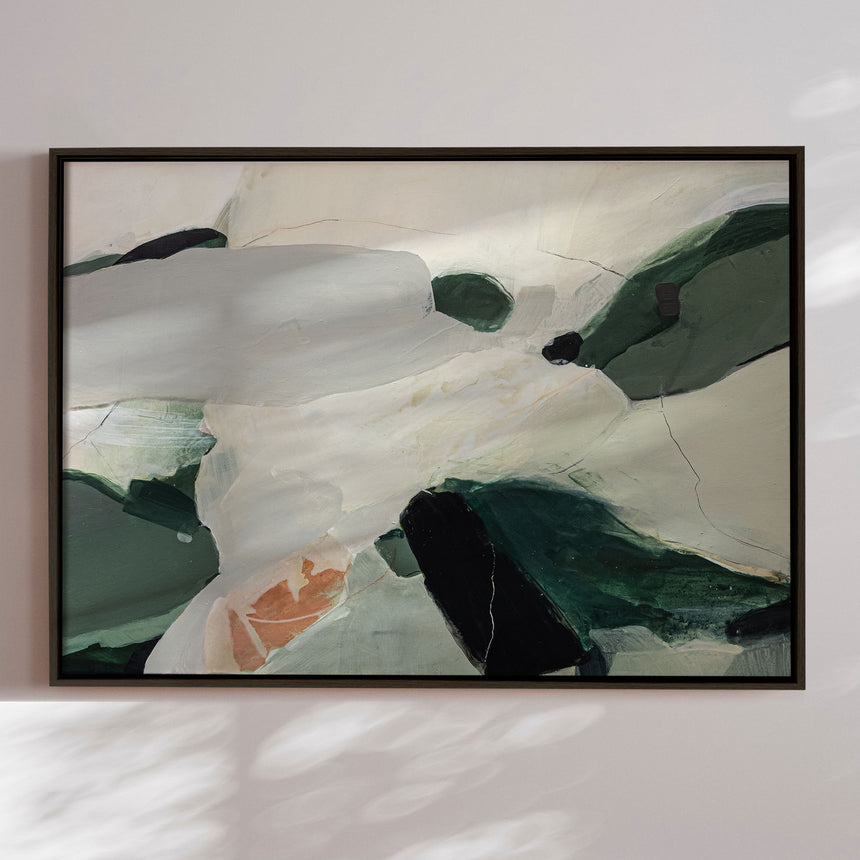 Håndlavet maleri med ramme - Soft Green Abstract Landscape - Arohika Verma - Mixed media