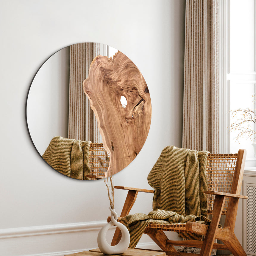 Rundt spejl med print - Wooden