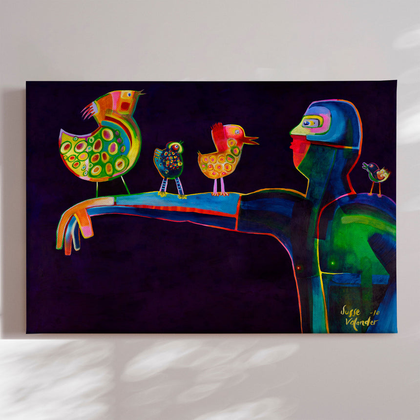 Lærredstryk - Man Speaking Birds - Susse Volander