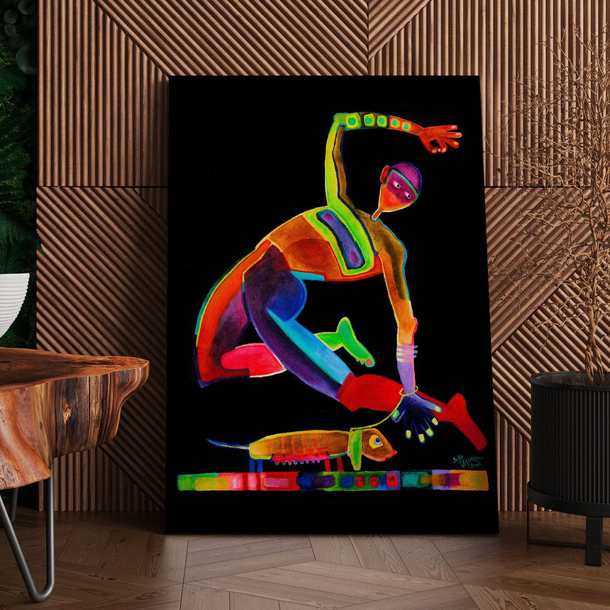 Lærredstryk - Dansende Mand Med Hund - Susse Volander - Incado