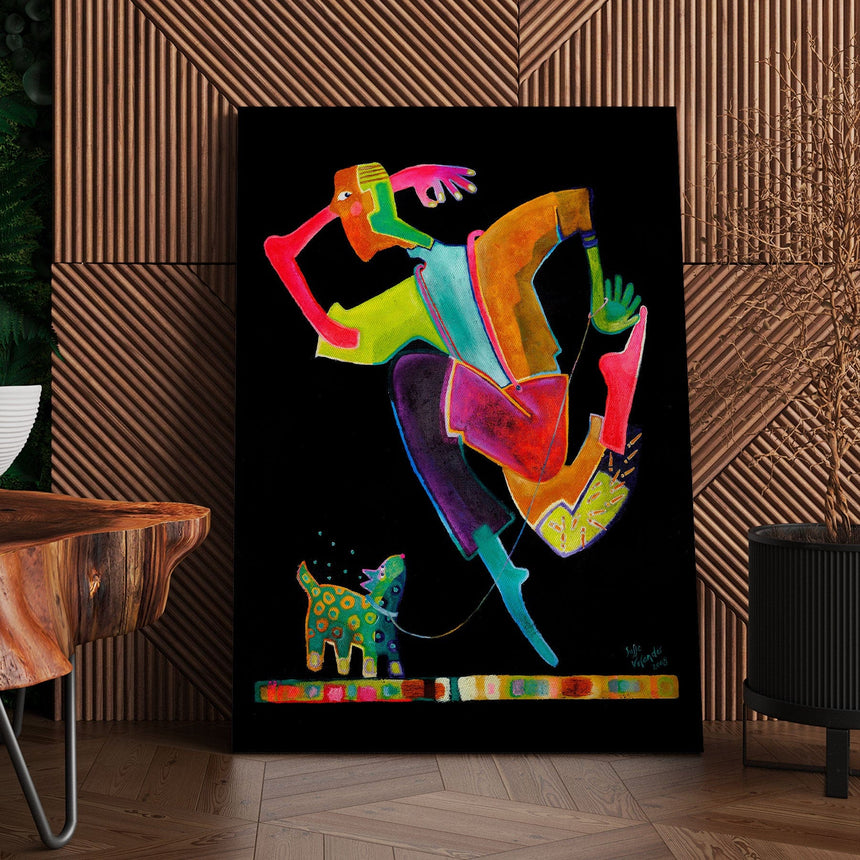 Lærredstryk - Hoppende Mand Med Hund - Susse Volander - Incado