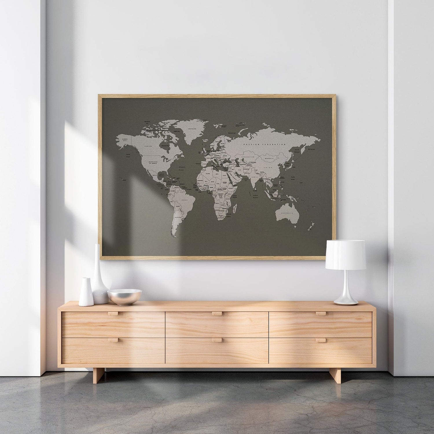 Hør verdenskort med egetræsramme - Green - Opslagstavle - Incado