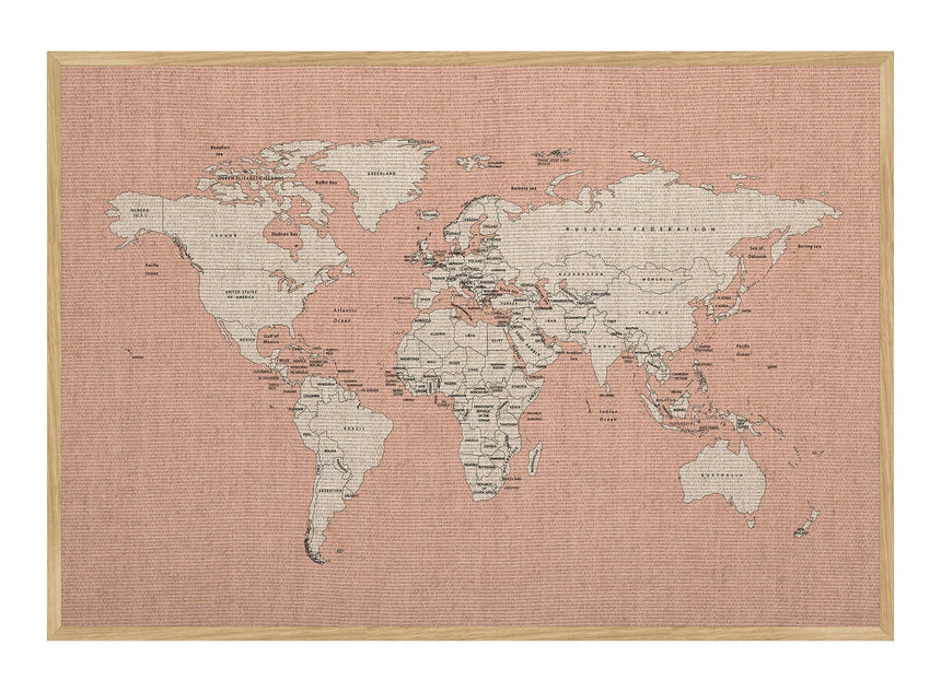 Hør verdenskort med egetræsramme - Mallow - Opslagstavle - Incado