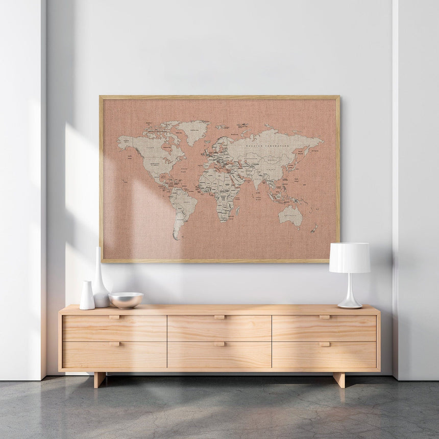 Hør verdenskort med egetræsramme - Mallow - Opslagstavle - Incado