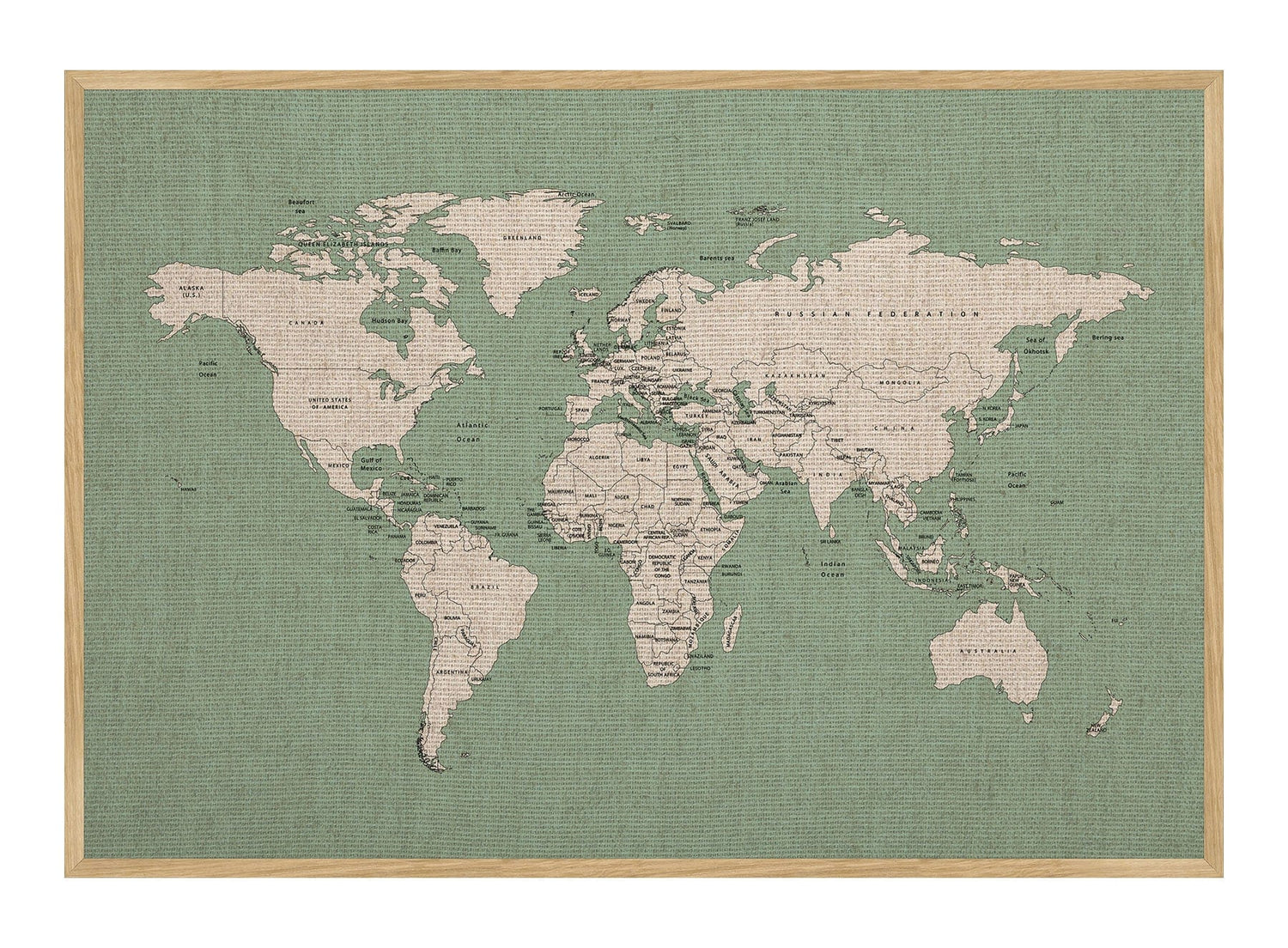 Hør verdenskort med egetræsramme - Mint Sea - Opslagstavle - Incado