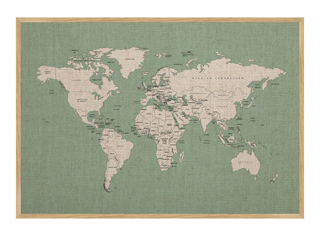 Hør verdenskort med egetræsramme - Mint Sea - Opslagstavle - Incado