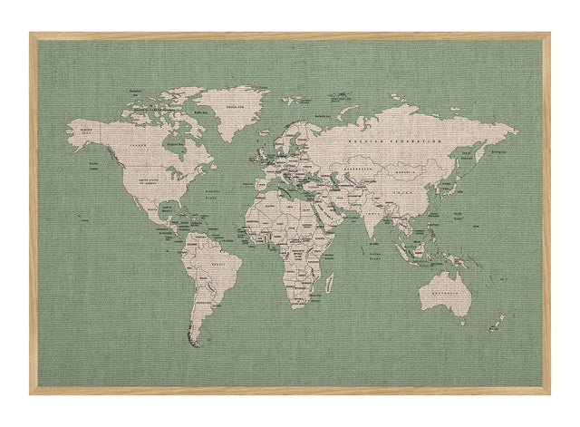 Hør verdenskort med egetræsramme - Mint Sea - Opslagstavle - Incado