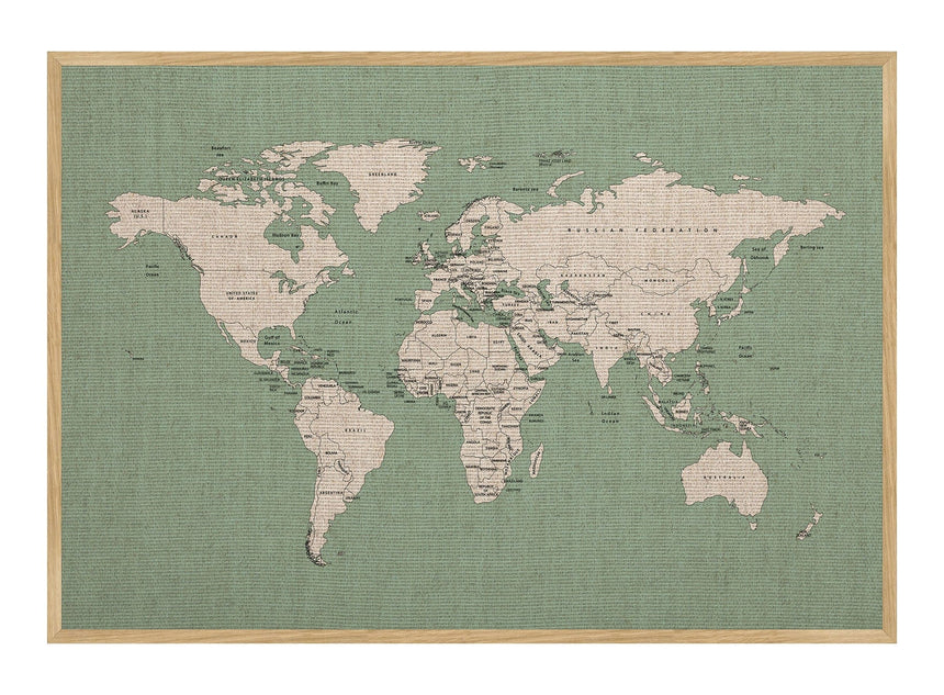 Hør verdenskort med egetræsramme - Mint Sea - Opslagstavle - Incado