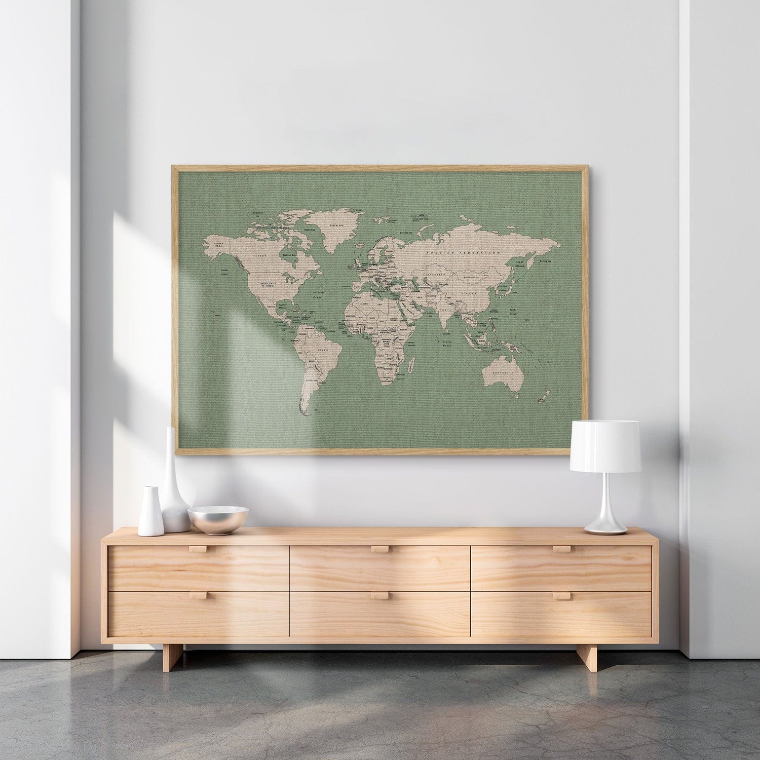 Hør verdenskort med egetræsramme - Mint Sea - Opslagstavle - Incado