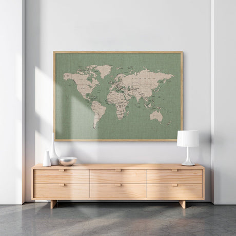 Hør verdenskort med egetræsramme - Mint Sea - Opslagstavle - Incado