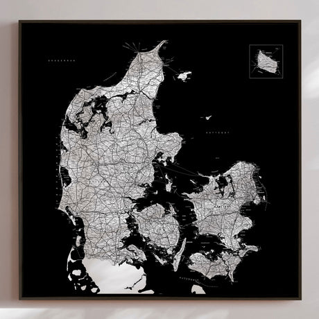 Danmarkskort - Black - Lærredstryk