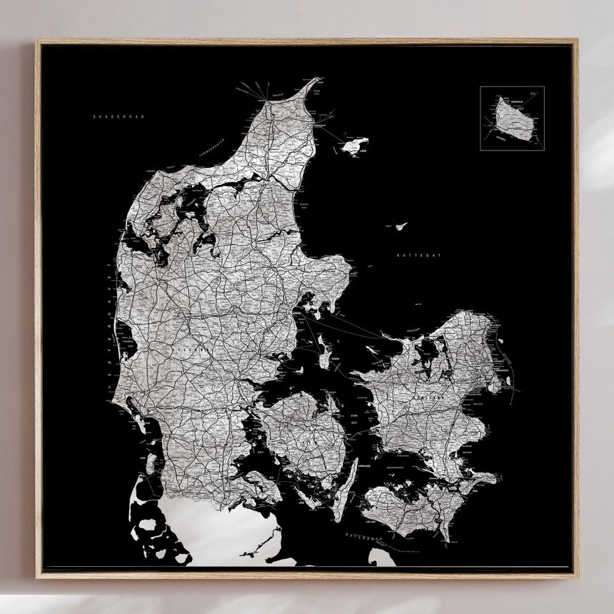 Danmarkskort - Black - Lærredstryk