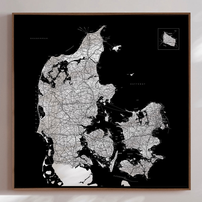 Danmarkskort - Black - Lærredstryk
