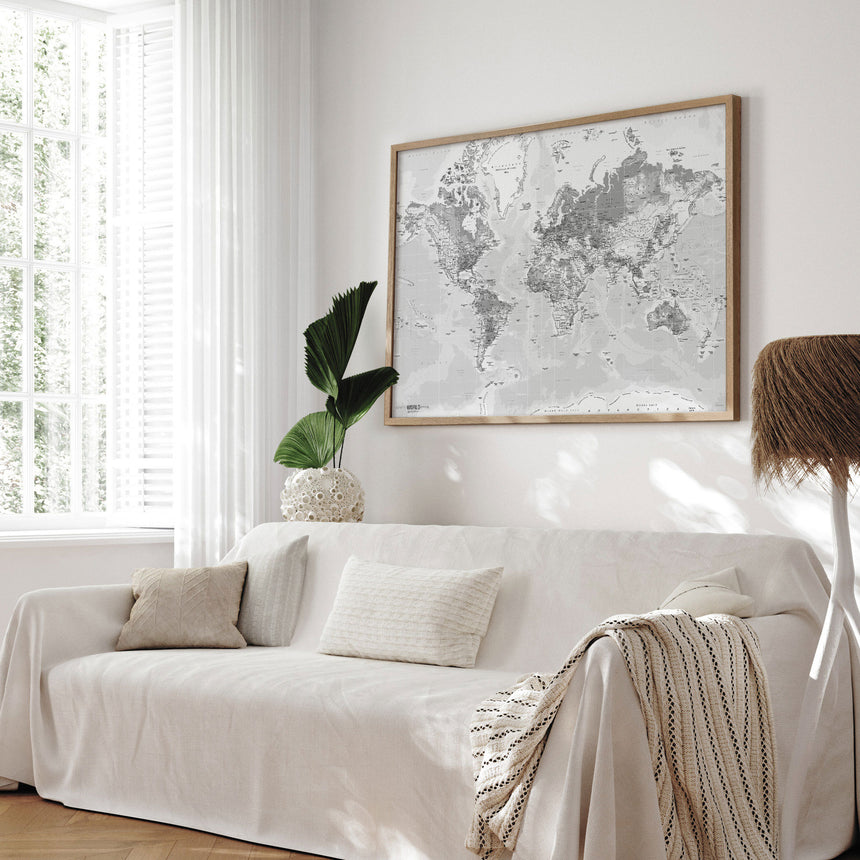 Verdenskort med trælook ramme - Light - Plakat