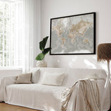 Verdenskort i sort ramme - Vintage Grey - Plakat