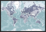 Verdenskort i sort ramme - Ice Blue - Plakat - Incado