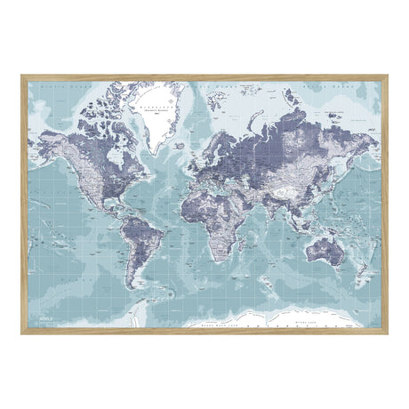 Verdenskort i egetræsramme - Ice Blue - Plakat - Incado
