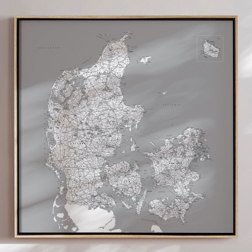 Danmarkskort - Grey - Lærredstryk
