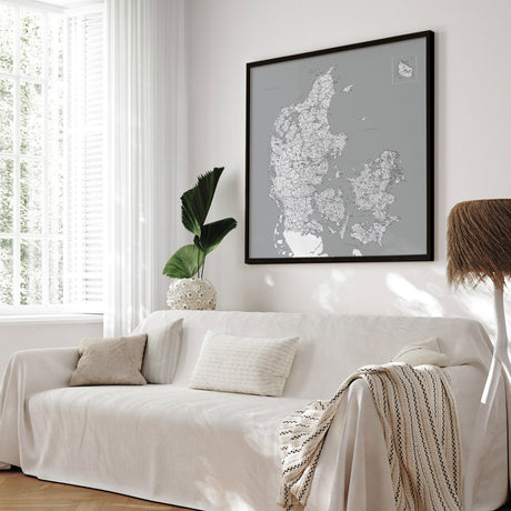 Danmarkskort i sort ramme - Grey - Plakat - Incado