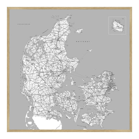 Danmarkort i egetræsramme - Grey - Plakat - Incado