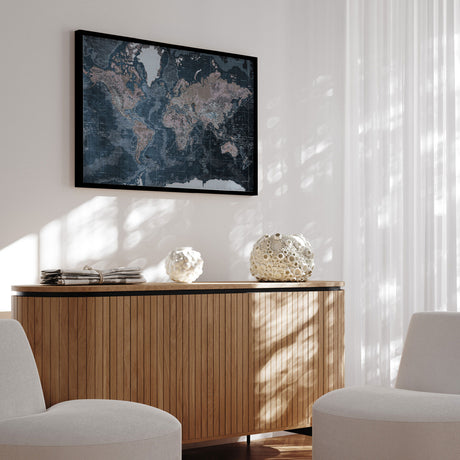 Verdenskort i sort ramme - Modern Blue - Plakat - Incado
