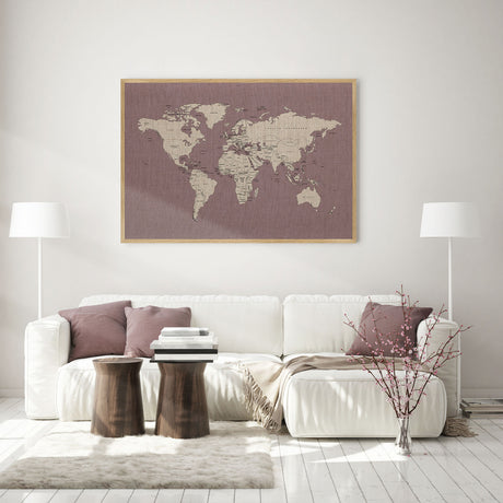 Hør verdenskort med egetræsramme - Lavender - Opslagstavle - Incado