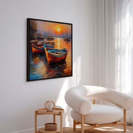 Håndlavet maleri med ramme - Bådhavn I - Mixed media - Incado