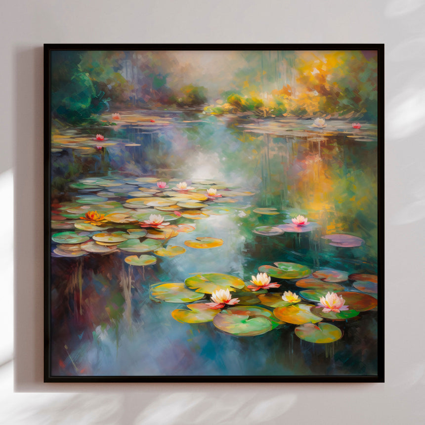 Håndlavet maleri med sort ramme - Romantic Water Lilies - Mixed media