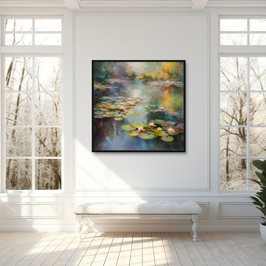 Håndlavet maleri med sort ramme - Romantic Water Lilies - Mixed media