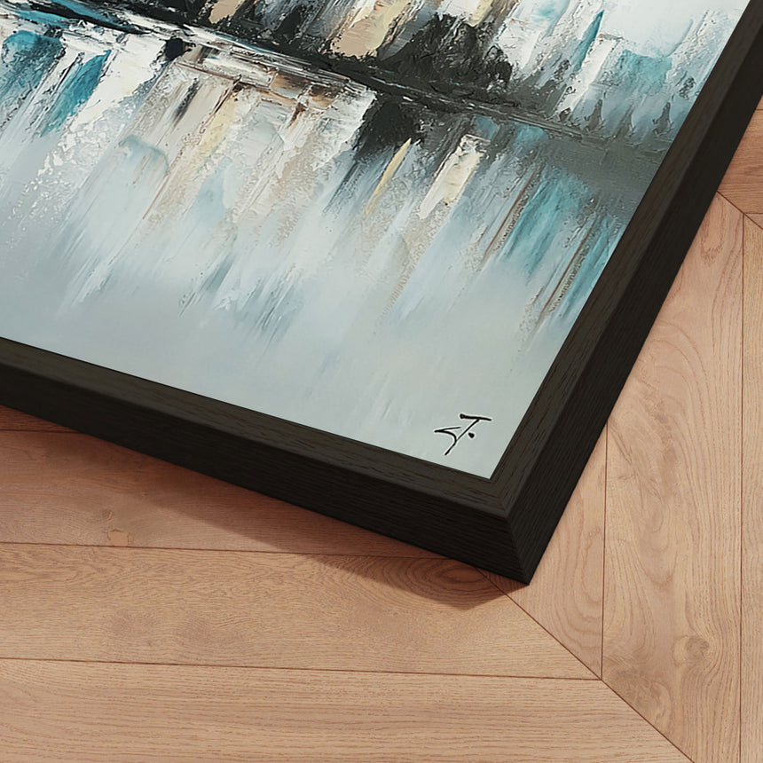 Håndlavet maleri med sort ramme - Misty Skyline - Mixed media