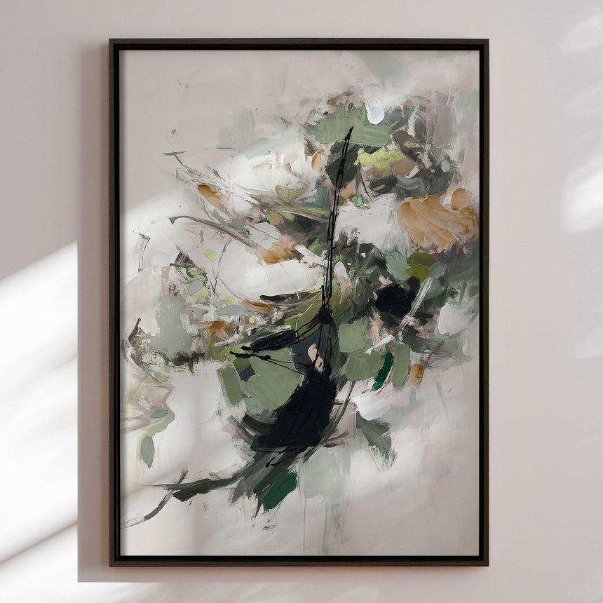 Håndlavet maleri med sort ramme - Green Dance II - Mixed media