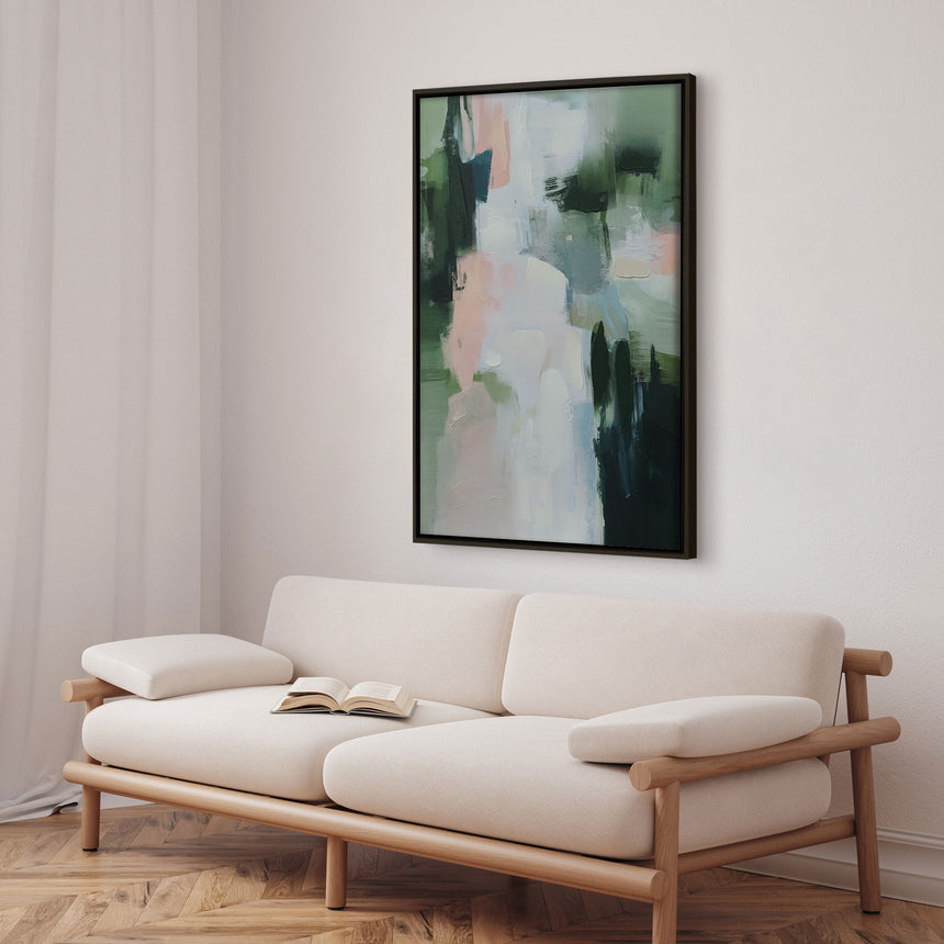 Håndlavet maleri med sort ramme - Green Stroke - Mixed media