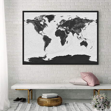 Verdenskort i sort ramme - Grey Current - Plakat - Incado