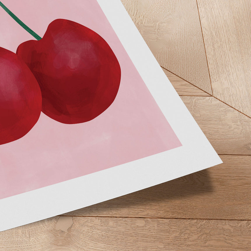 Plakat - Red Cherries with a Green Leaf - Elena Ristova