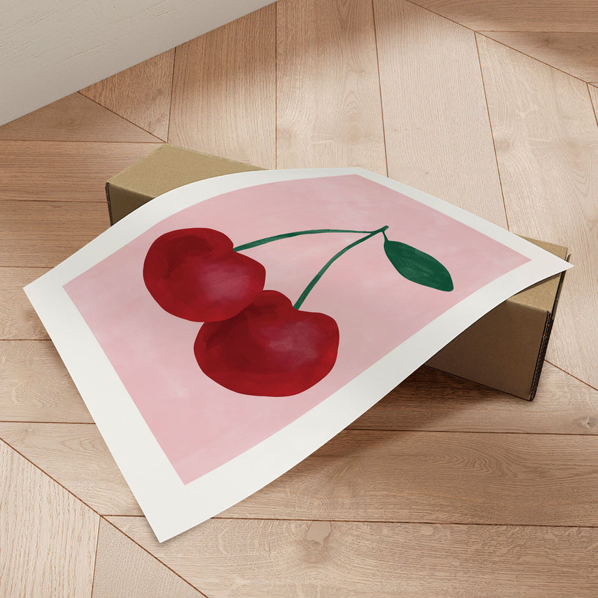 Plakat - Red Cherries with a Green Leaf - Elena Ristova