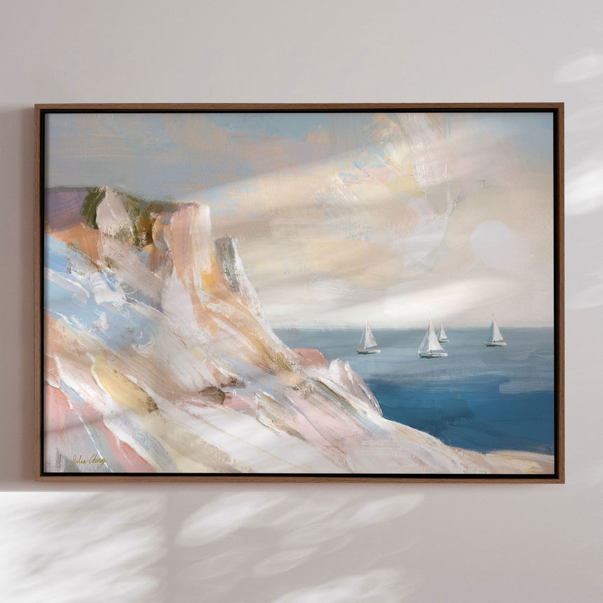 Håndlavet maleri med ramme - Coastal Sailboats - Julia Cheney - Mixed media