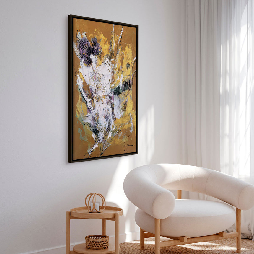 Håndlavet maleri med ramme - Golden Floral Bloom - Dorothy Fagan - Mixed Media