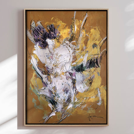 Håndlavet maleri med ramme - Golden Floral Bloom - Dorothy Fagan - Mixed Media