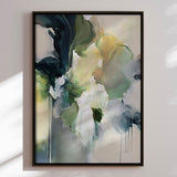 Håndlavet maleri med ramme - Green Yellow Abstract Bloom - Stephanie Jeuffroy - Mixed media