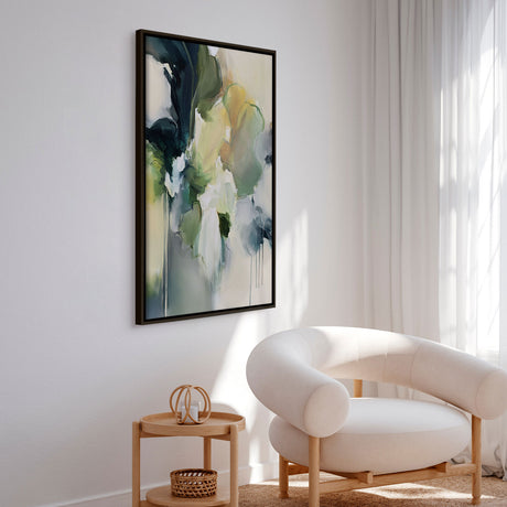 Håndlavet maleri med ramme - Green Yellow Abstract Bloom - Stephanie Jeuffroy - Mixed media