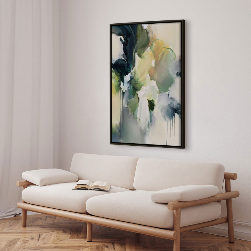 Håndlavet maleri med ramme - Green Yellow Abstract Bloom - Stephanie Jeuffroy - Mixed media