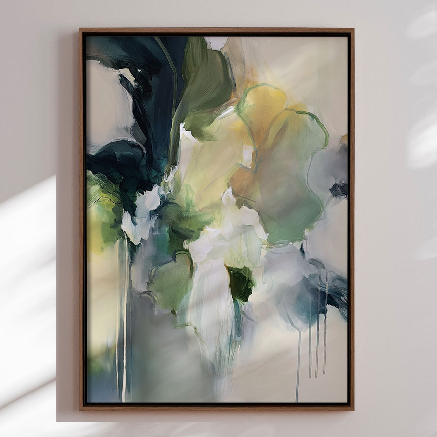 Håndlavet maleri med ramme - Green Yellow Abstract Bloom - Stephanie Jeuffroy - Mixed media