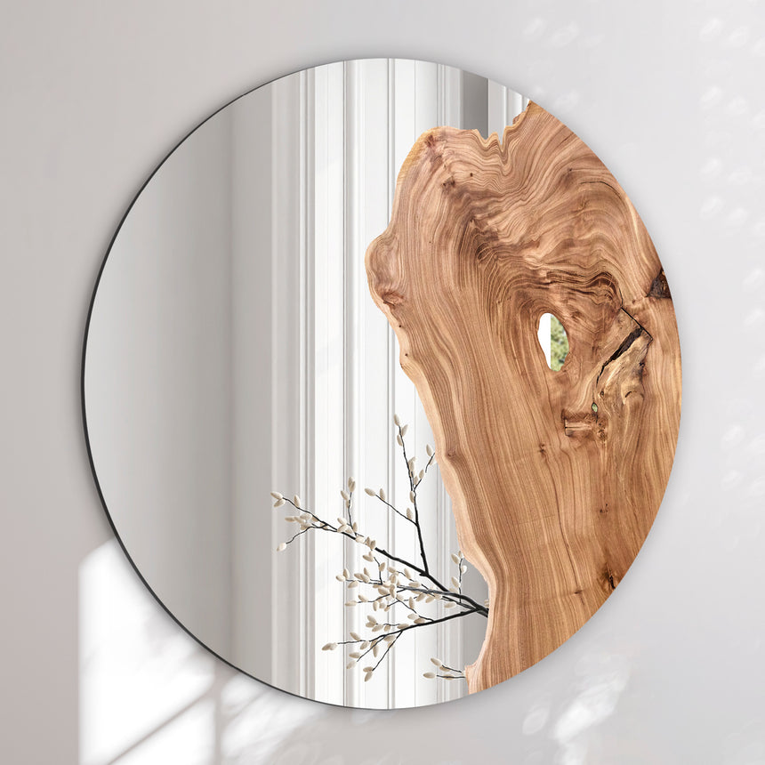 Rundt spejl med print - Wooden
