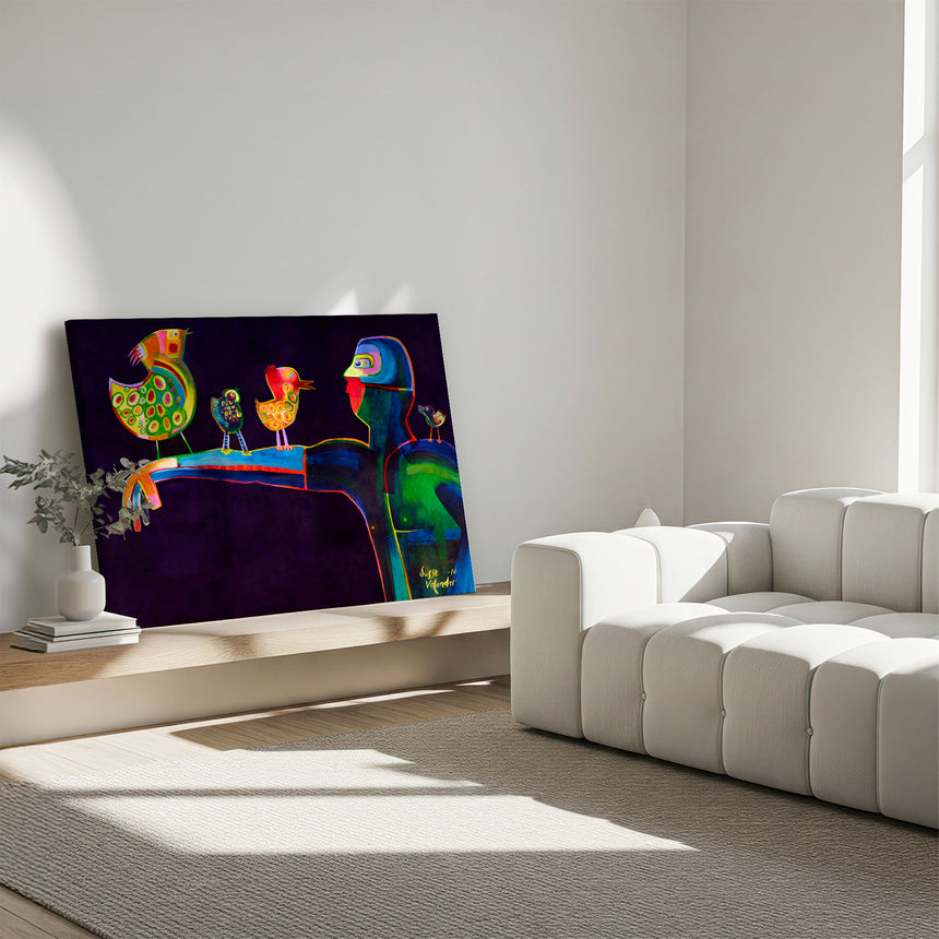 Lærredstryk - Man Speaking Birds - Susse Volander