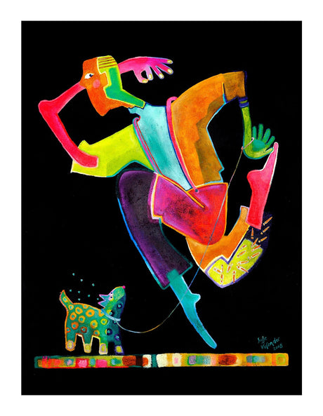Hoppende Mand Med Hund 60 x 80  cm Lærredstryk
