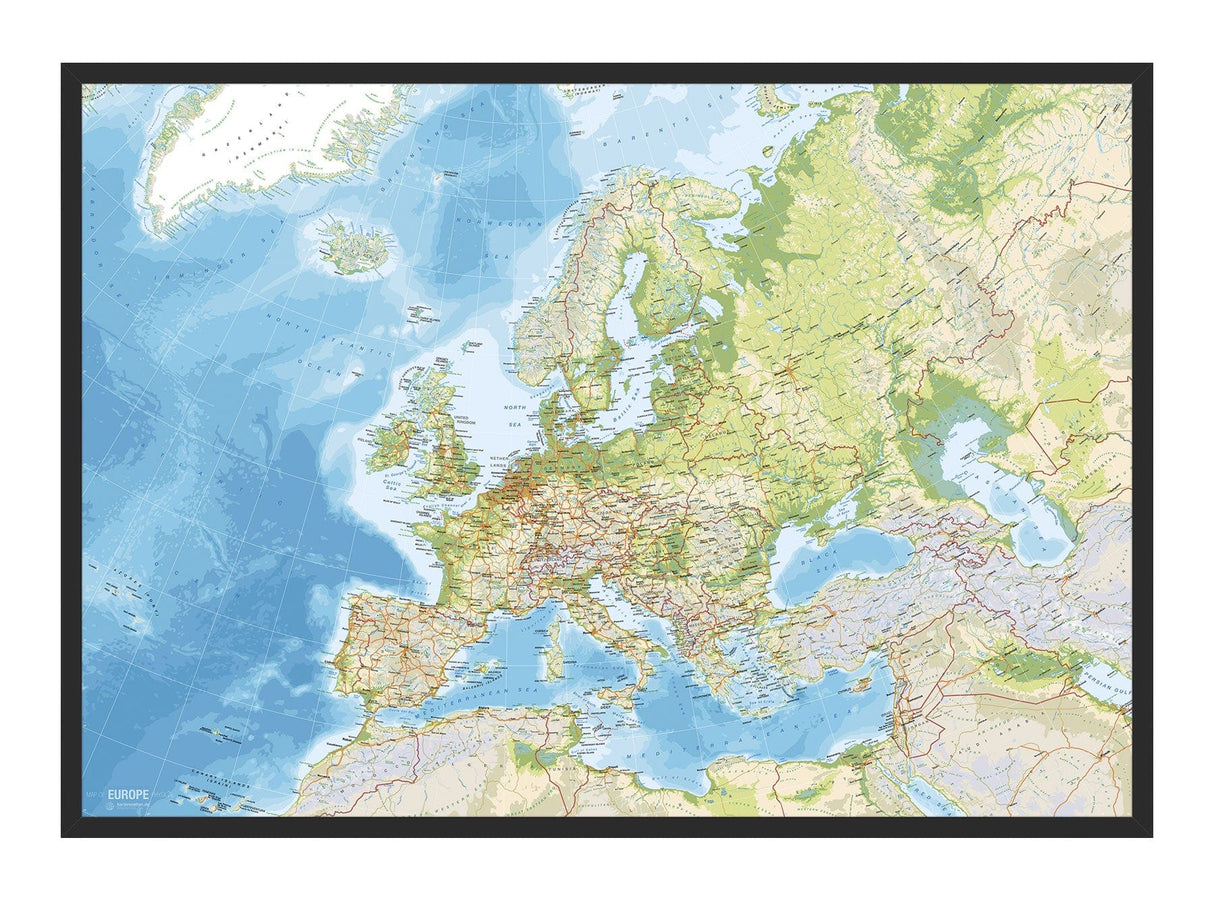 Classic Europakort - Pinboard - Sort Ramme 70 x 100  cm Lærredstryk, Pin Board