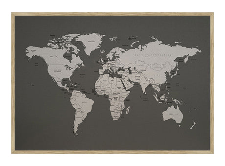 Verdenskort - Pinboard på hør - Cold Grey 80 x 116  cm Print på hør, Pin Board