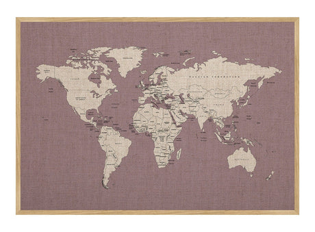 Hør verdenskort med egetræsramme - Lavender - Opslagstavle - Incado